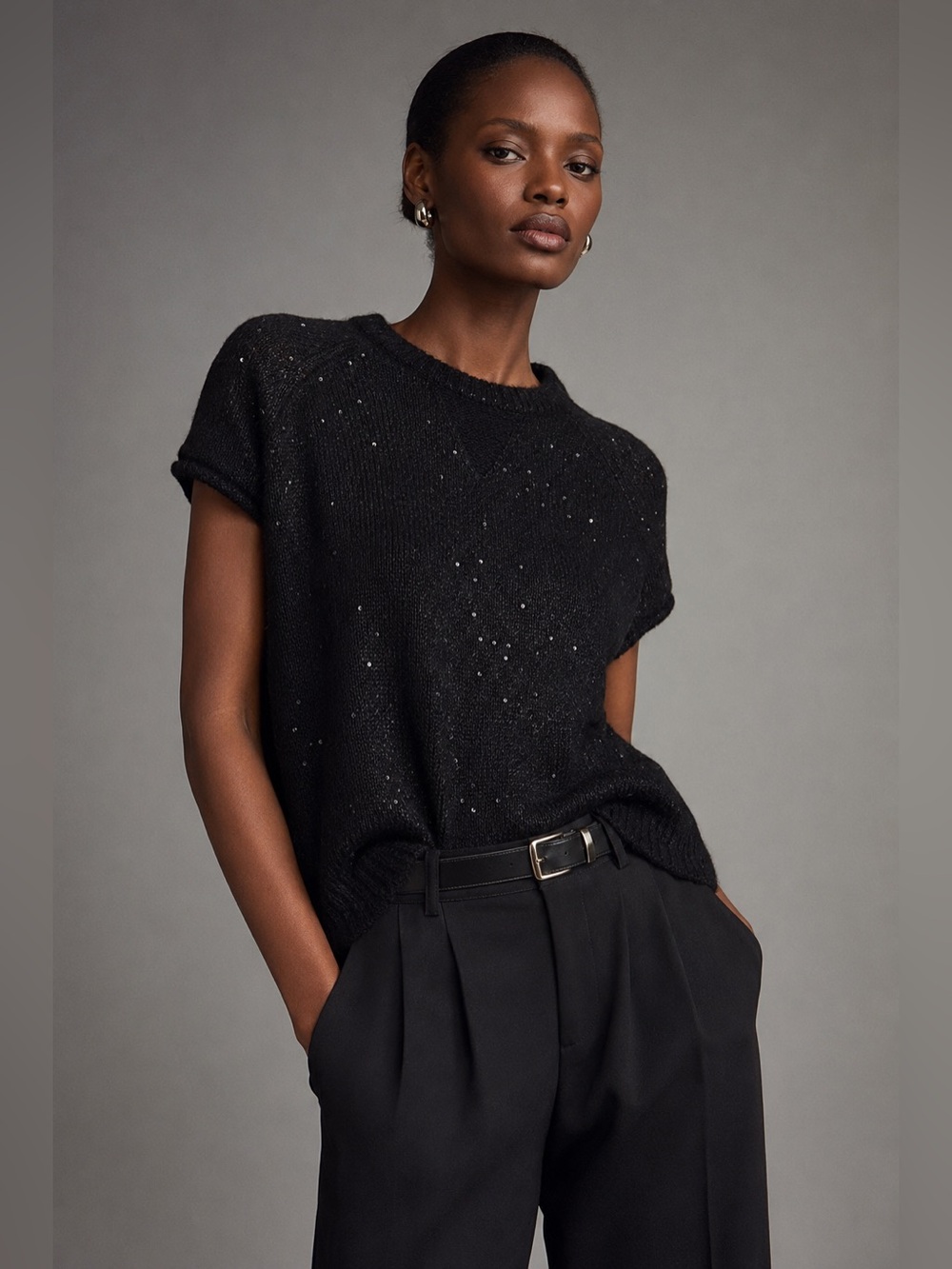 ATM Anthony Thomas Melillo Black Sequin Short Sleeve Sweater L
